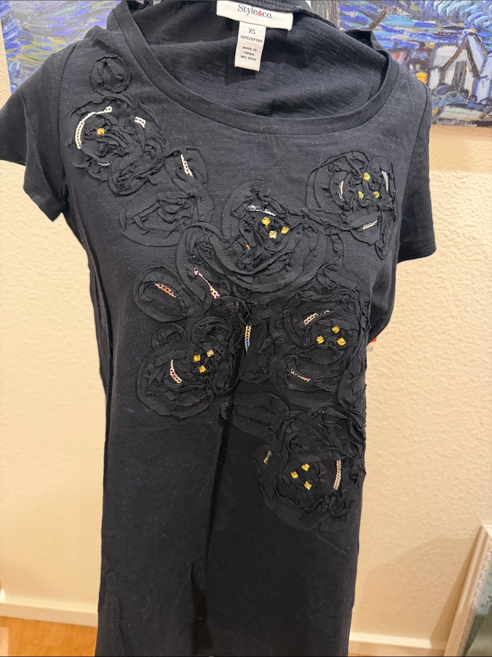 Style & Co. Black Short-Sleeve Floral Appliqué tunic top cotton